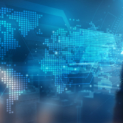 Financial services cybersecurity dashboard with global threat map and identity protection icons