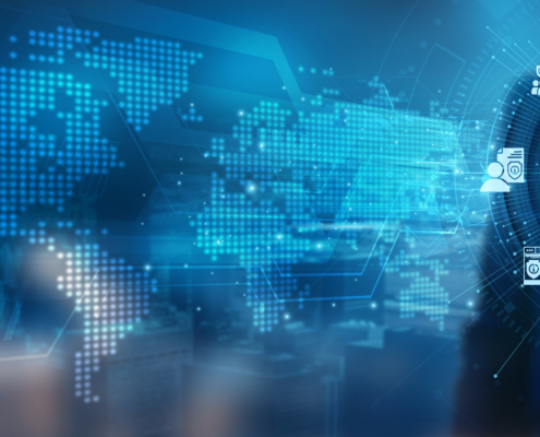 Financial services cybersecurity dashboard with global threat map and identity protection icons