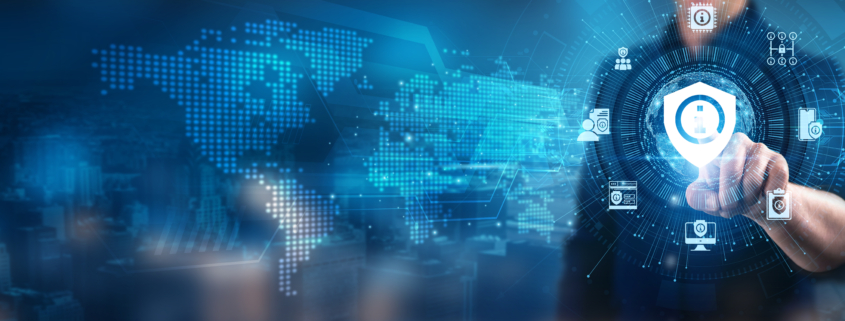Financial services cybersecurity dashboard with global threat map and identity protection icons